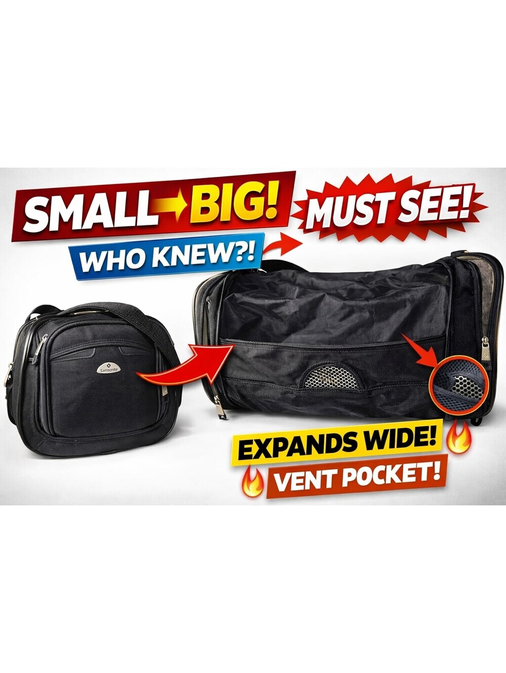 Samsonite Compact Travel Duffle Bag Black Expandable Carry-On Gym Overnight Bag
